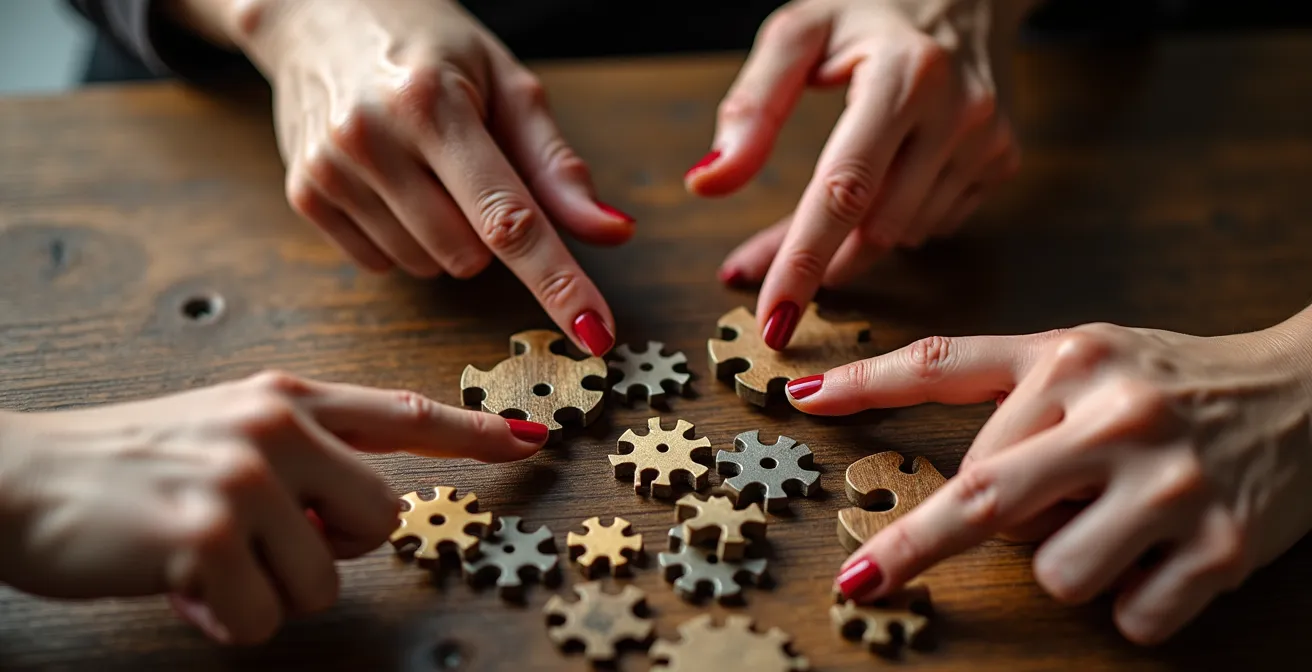 Mains de plusieurs femmes pointant ensemble vers des indices sur une table en bois