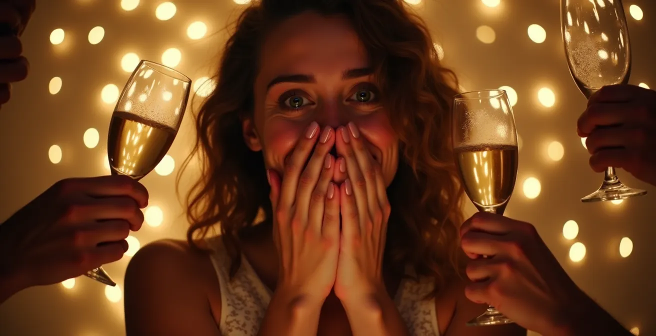 Moment de célébration émotionnelle avec flûtes de champagne dans un décor chaleureux